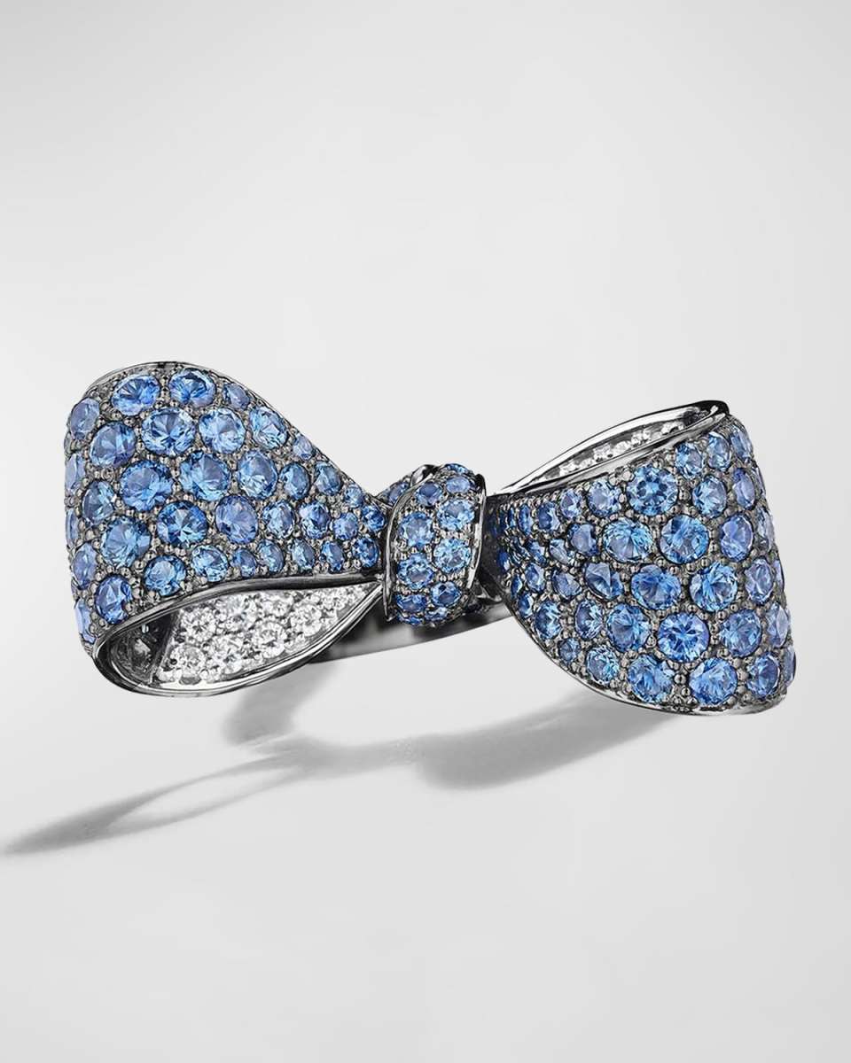 Blue Sapphire and Diamond Bow Ring, Size 6.5